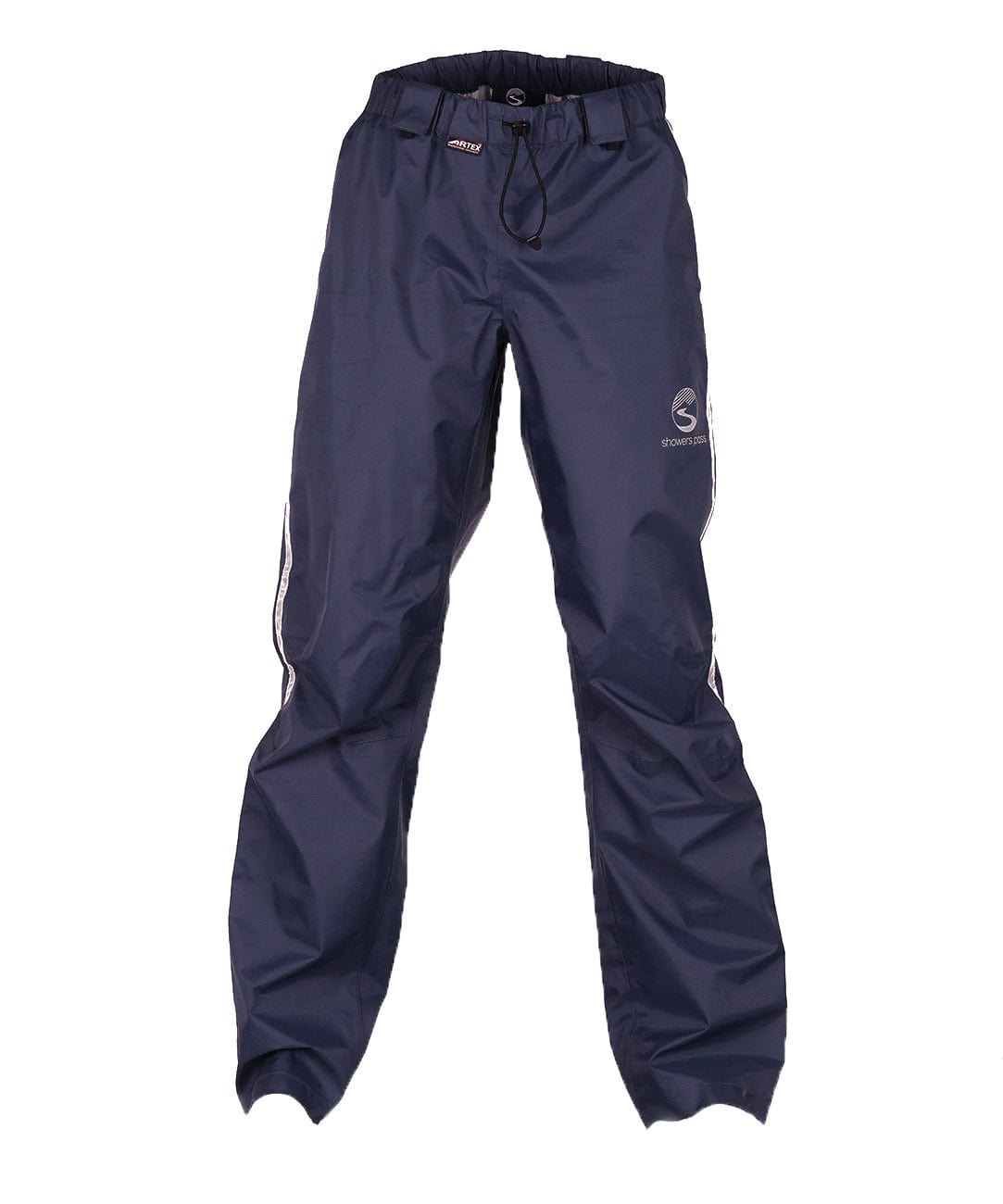 A pair of men's dark blue Transit Pants with visible white brand logo on the left thigh, designed for waterproof and breathable wear.