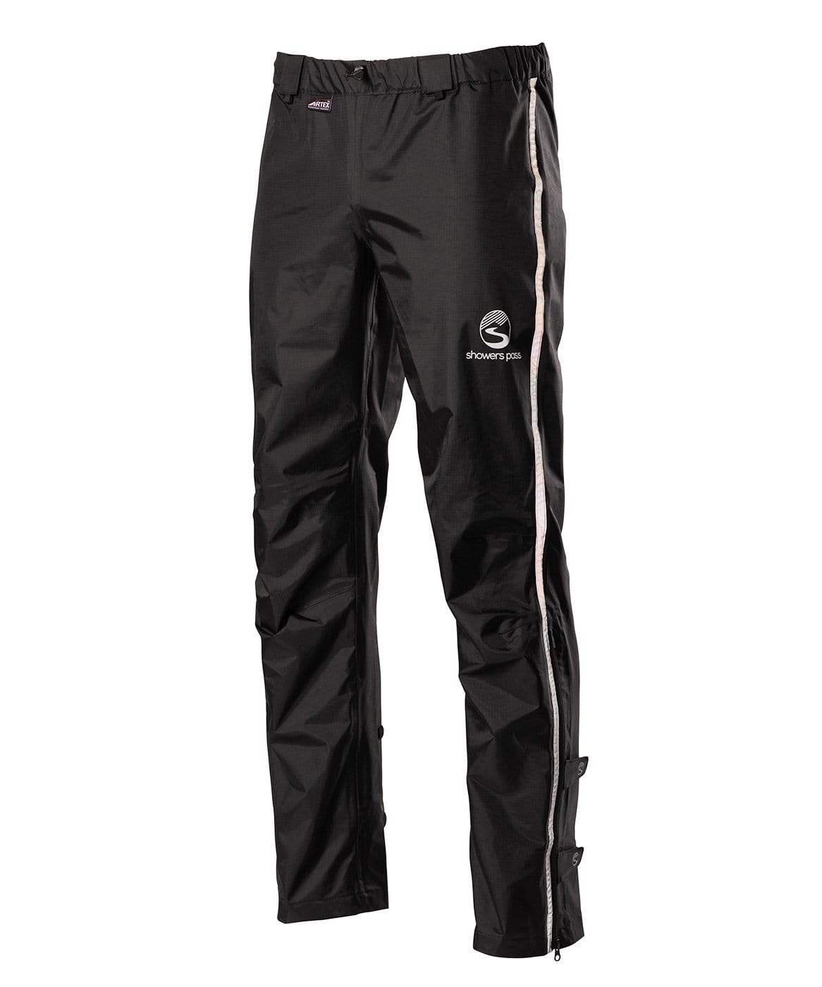 A pair of men's black Transit Pants with visible white brand logo on the left thigh, designed for waterproof and breathable wear.