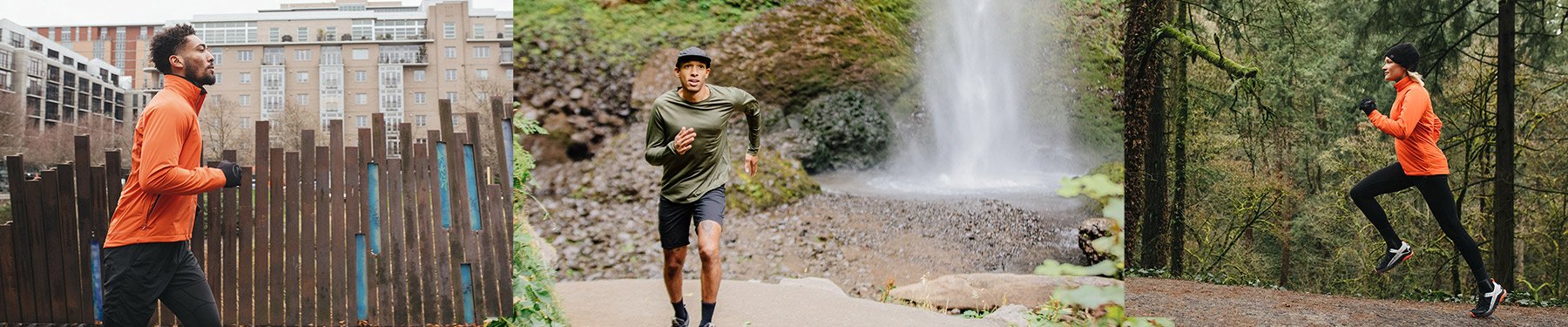 Three images of individual runners in Showers Pass apparel, jogging through various outdoor terrains.
