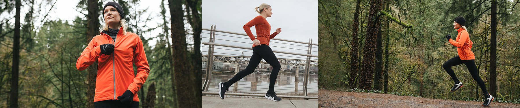 Three images of one woman wearing Showers Pass running apparel, standing in the woods, jogging through the city, and running on a trail in the wilderness.