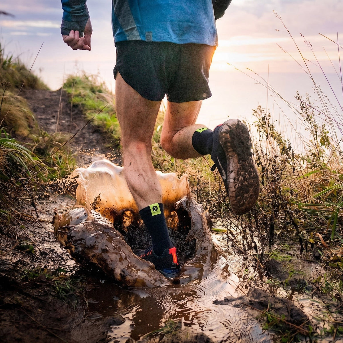 Runner splashing though puddle wearing Cross Point Gear Superlight socks and shoes. 